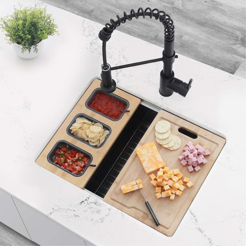 STYLISH 18 inch Over the Sink Divided Serving Board with 3 Collapsible Containers - 16.75" x 8.5"