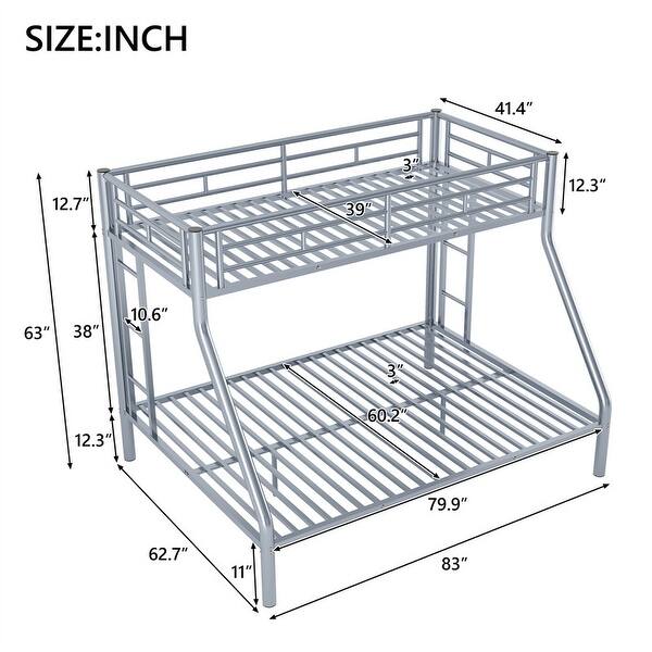 dimension image slide 2 of 6, Twin XL over Queen/Full XL over Queen Metal Bunk Bed with 2 Side Ladders and Guardrails, Metal Frame Bunk Bedframe for Kids