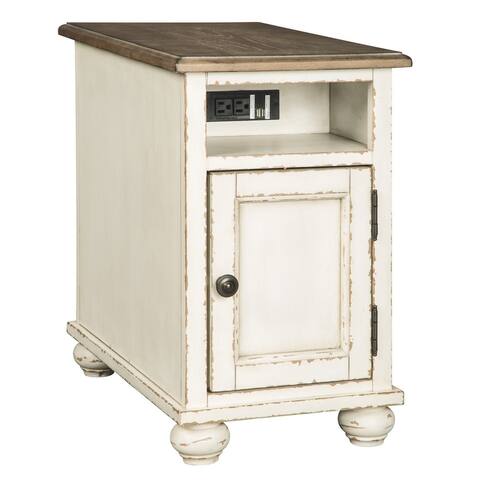 Wooden Chairside End Table with Door, Brown and Antique White