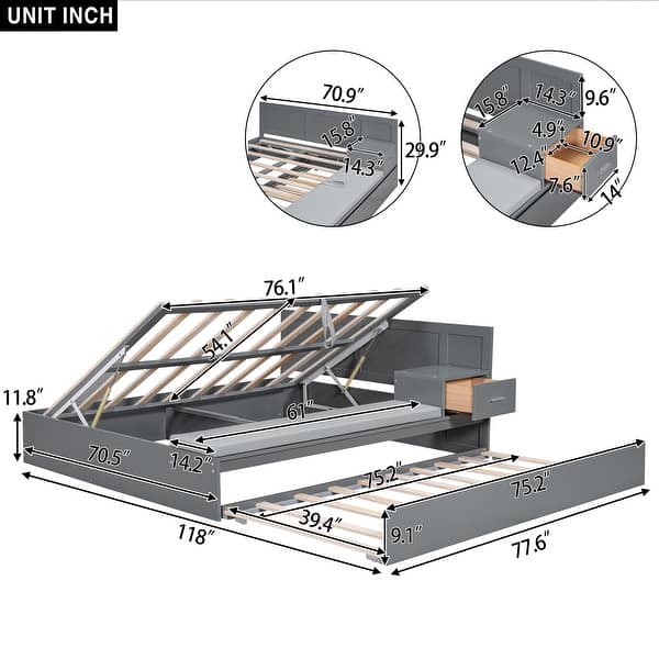 Full Size Hydraulic Platform Bed with Trundle, Storage, Side Table, and Lounge, Grey