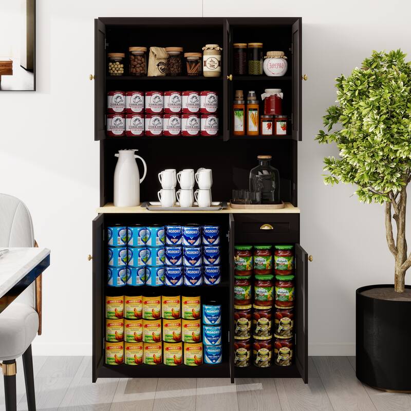 Kitchen Pantry with Microwave Oven Countertop, Hutch Cabinet with Adjustable Shelves, Storage Cabinet with 6 Doors and 1 Drawer