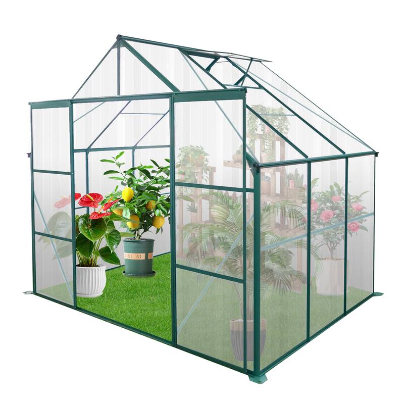 8X6FT-Green Double Door Polycarbonate Greenhouse Raised Base and Anchor Aluminum Heavy Duty Walk-in Greenhouses