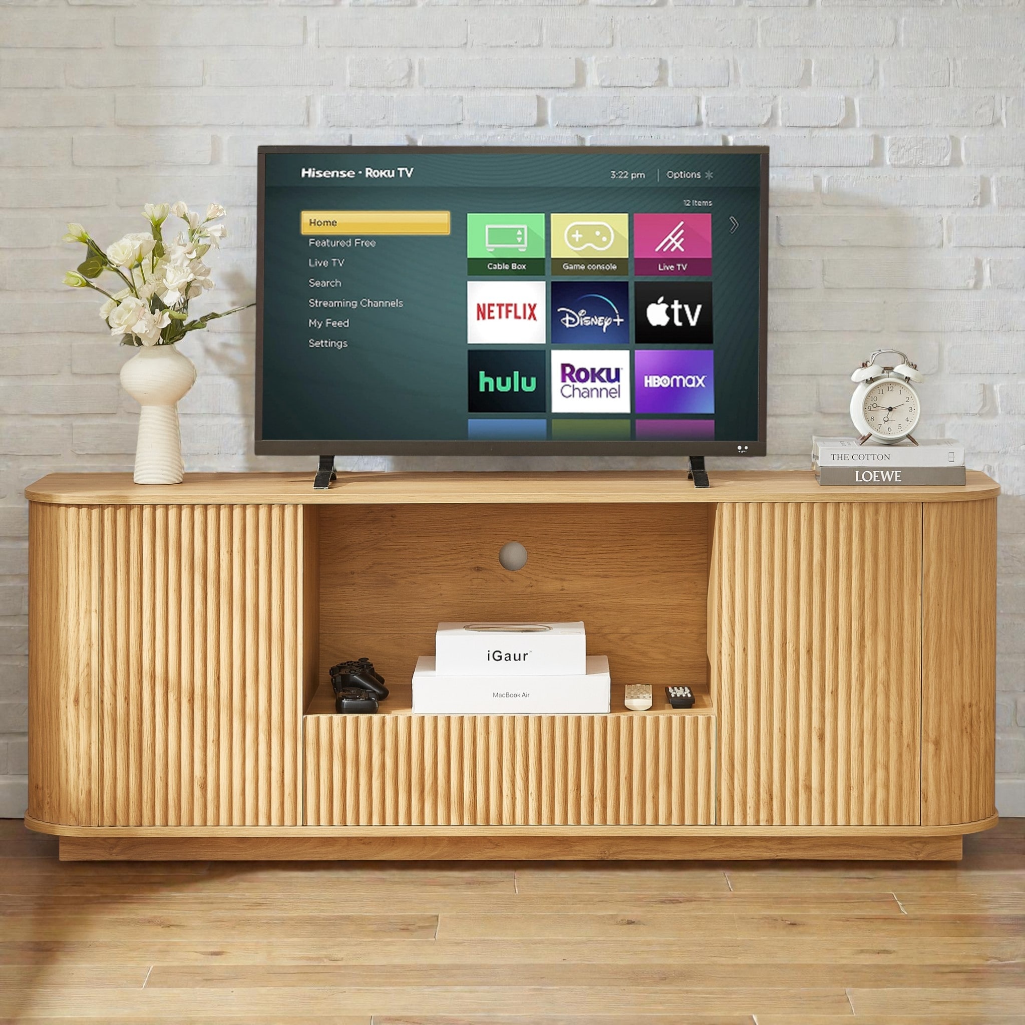 64'' Modern Wavy TV Stand with Rounded Corners, Wooden Stripe Storage Cabinet for Living Room, Bedroom or Entryway