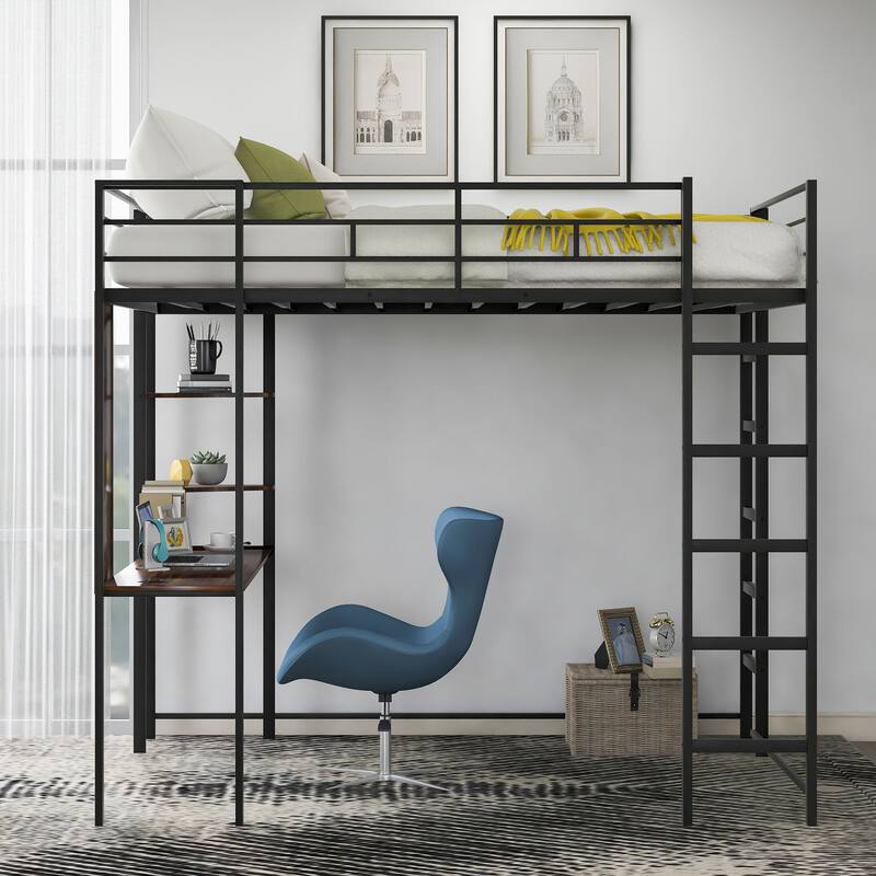 Full Size Metal Loft Bed with Shelves and Desk, Sturdy Steel Frame, Space-Saving Design