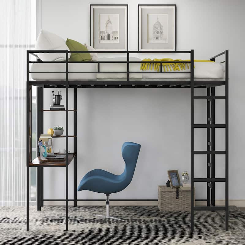 Metal Loft Bed with 2 Shelves and one Desk - Black