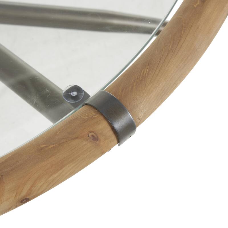 Brass Metal Round Living Room Coffee Table with Brown Wooden Framed Glass Tabletop