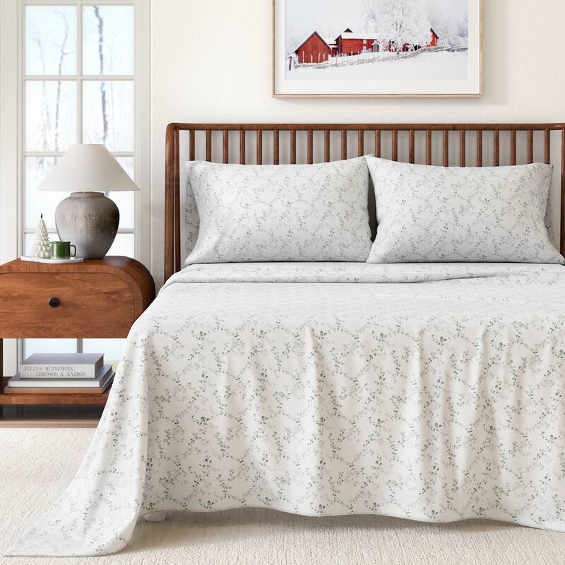 Linery & Co. Ultra-Soft Turkish Cotton Flannel Winter Floral Print Sheet Set - Queen - Winter Vines Green