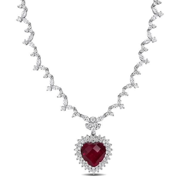 slide 1 of 4, Miadora Sterling Silver 47ct TGW Red and White Cubic Zirconia Heart Halo Station Necklace - 18 inch x 24 mm x 10 mm