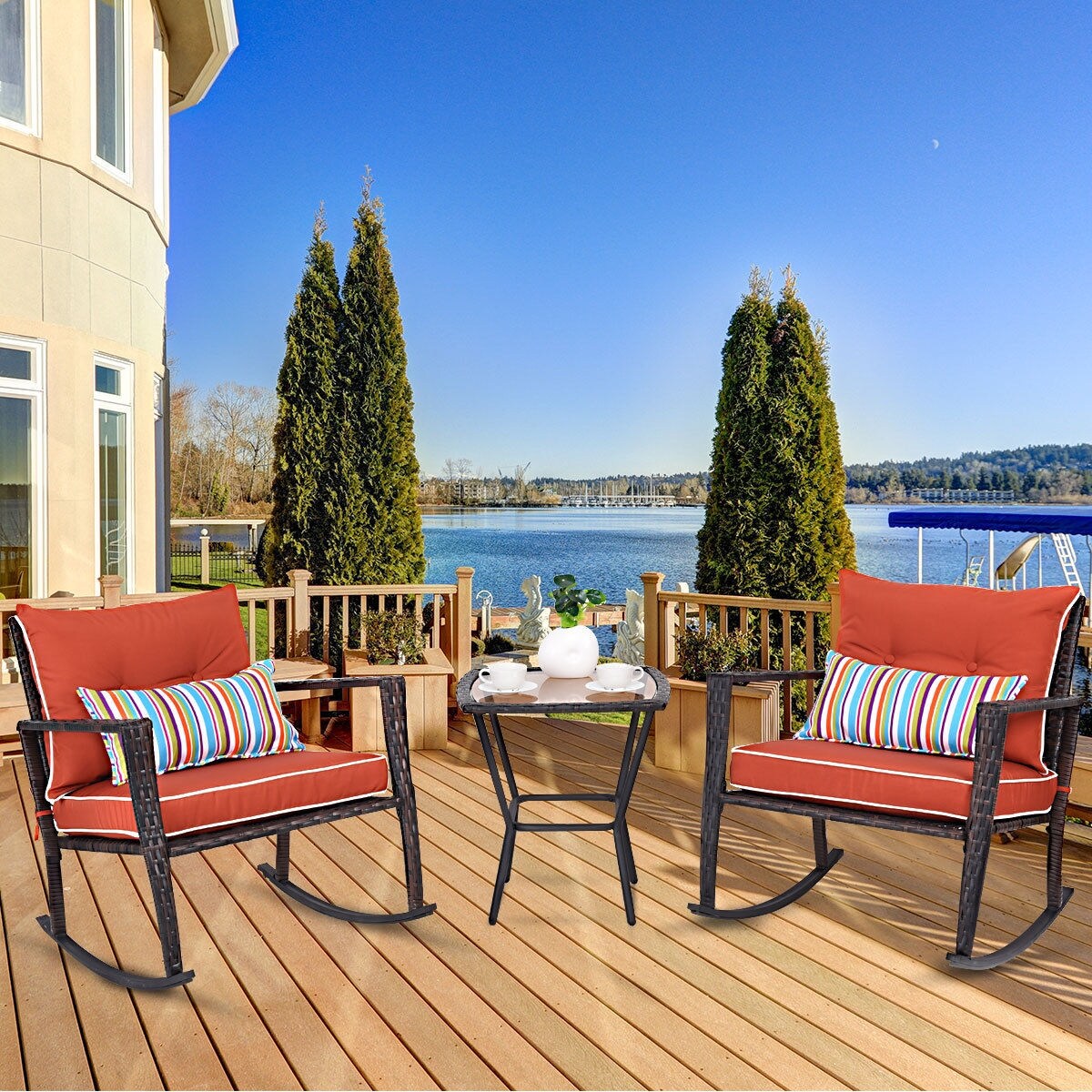 3 Pcs Outdoor Rattan Wicker Rocker Lounge Rocking Chair Side Table Set Garden Patio Chairs Swings Benches