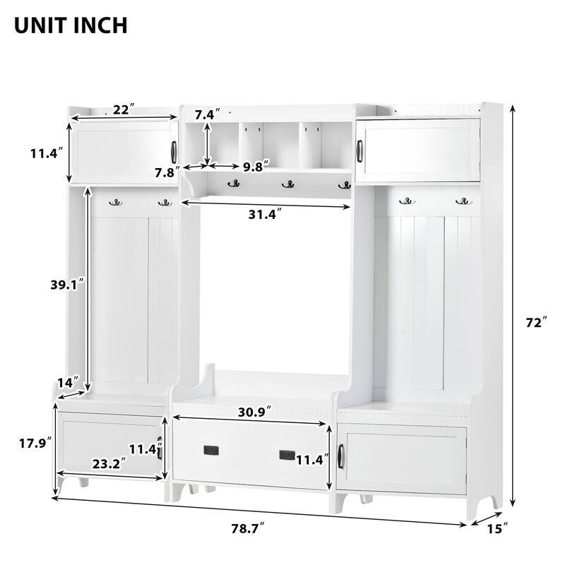 Roomfitters Modern Mudroom Hall Tree with Bench, 4-in-1 Coat Rack with 7 Black Hooks and Large Storage Compartment, White