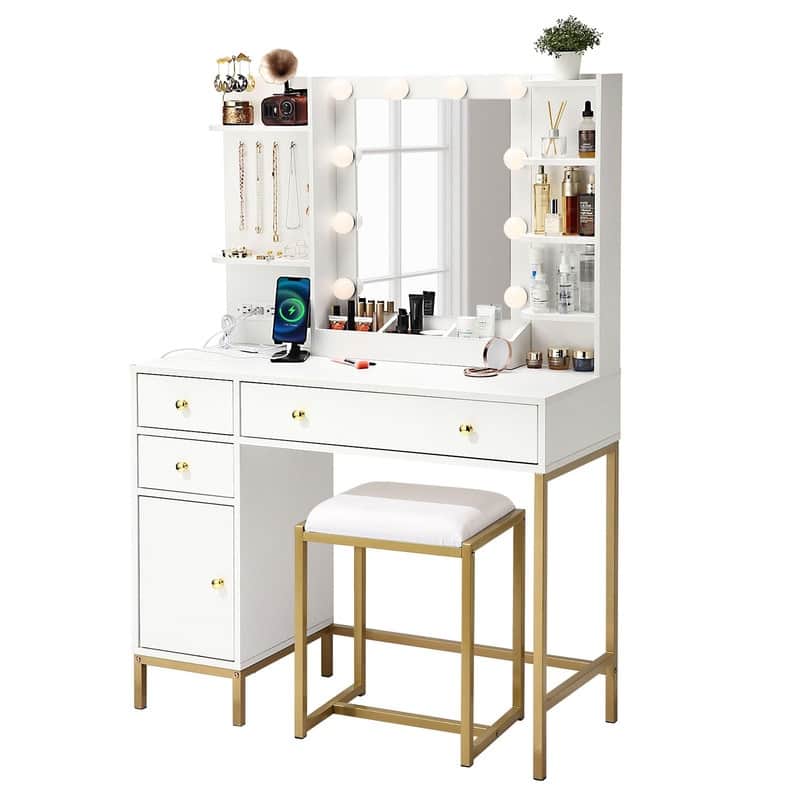 Vanity Desk with Mirror, Stool, LED Lights, Power Outlets, Drawers, Jewelry Hooks