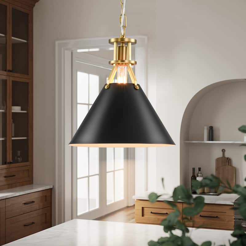 1-Light Modern Industrial Brushed Gold Cone Adjustable Pendant Light for Kitchen Island - Black