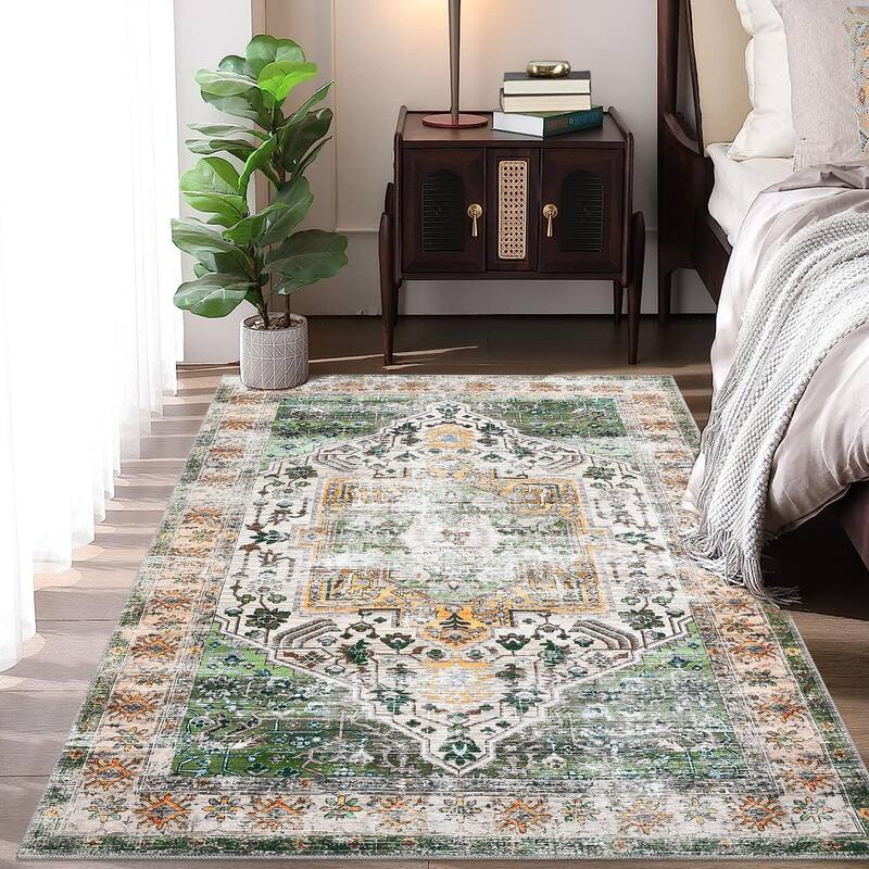 Vintage Medallion Living Room Rug Washable Soft Non-Slip Low Pile Area Rug Indoor Distressed Accent Rug - 10'x13' - Green/Multi