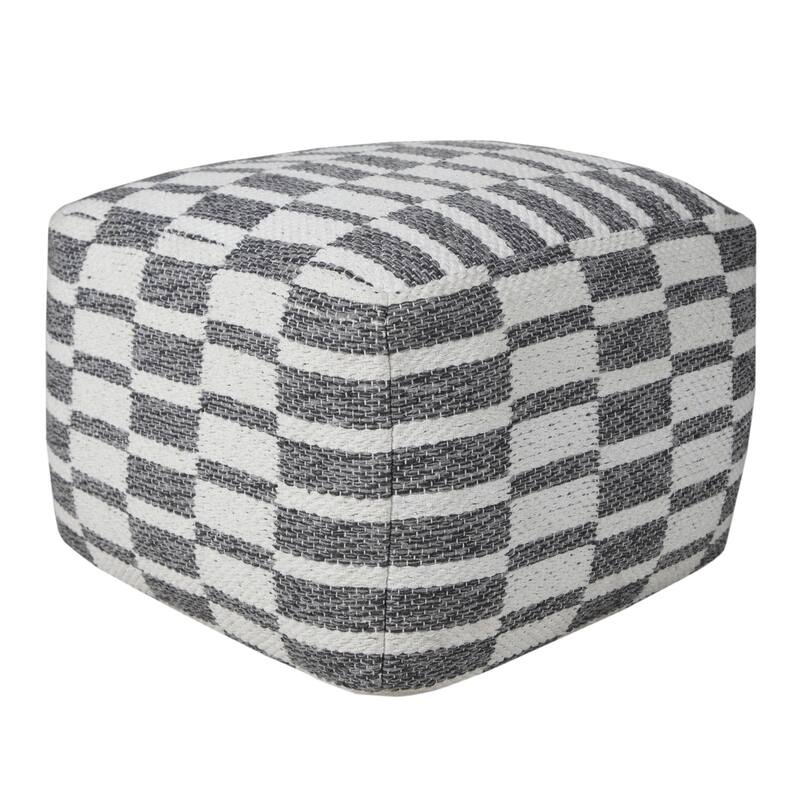18" White and Gray Checkered Square Pouf Ottoman