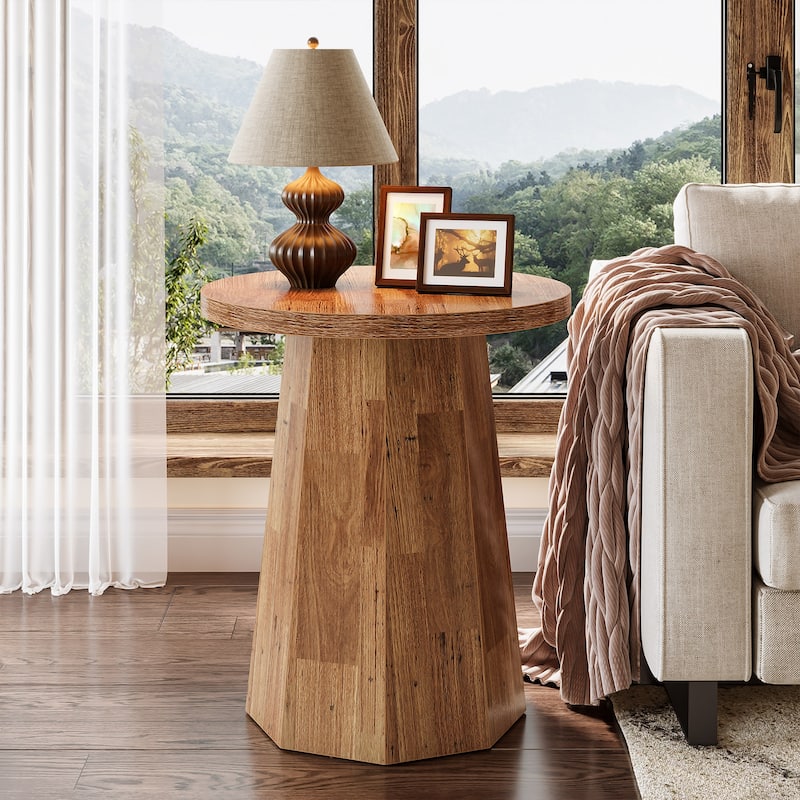 Round End Table, Wooden Couch Side Table, Nightstand Accent Furniture for Living Room, Bedroom