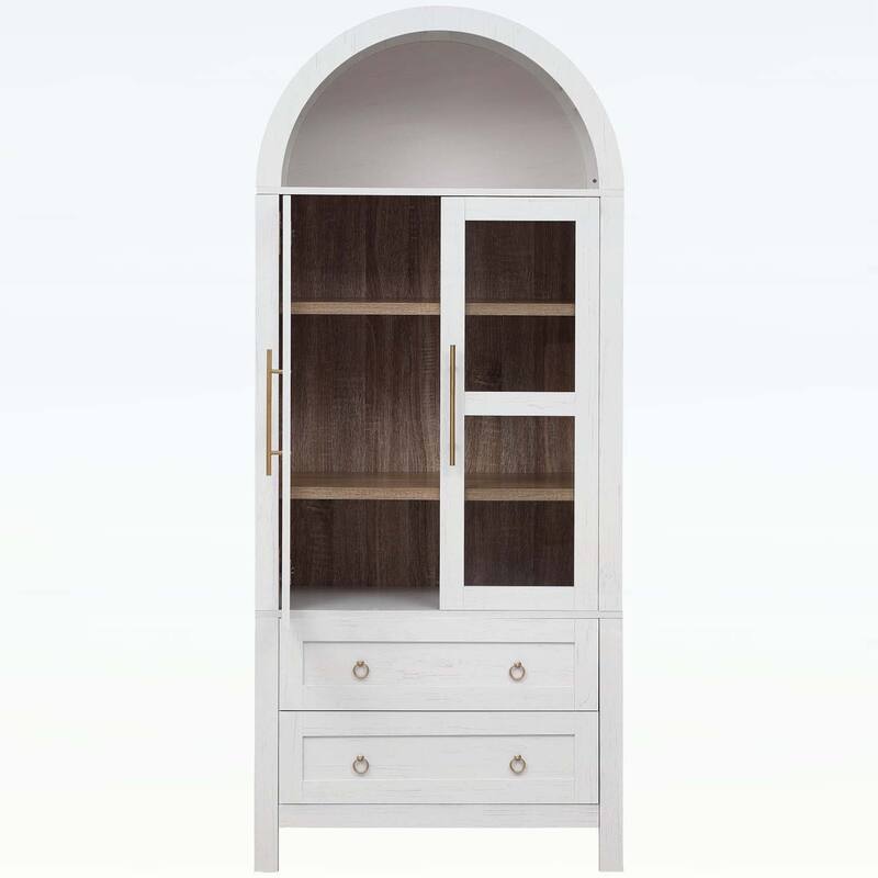 71 Inch Tall Cabinet with 2 Large Drawers,Adjustable Shelves,and Glass Doors for Modern Farmhouse Storage