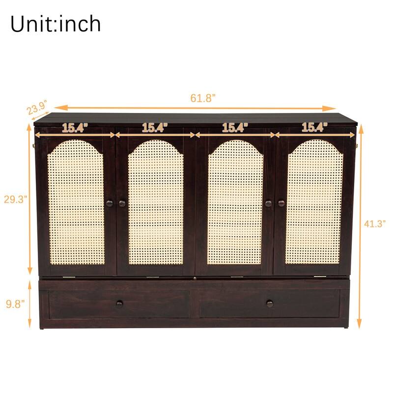 Murphy Bed Cabinet with Large Storage Drawer, Wood Hideaway Wall Bed Frame with USB Ports, Rattan Decoration Panel
