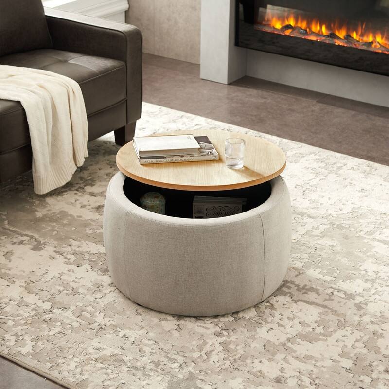 Round Storage Ottoman for End Table - Light Grey