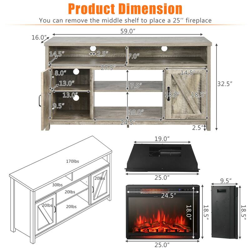 Gymax 59'' Fireplace TV Stand W/ 25'' 1350W Electric Fireplace Heater