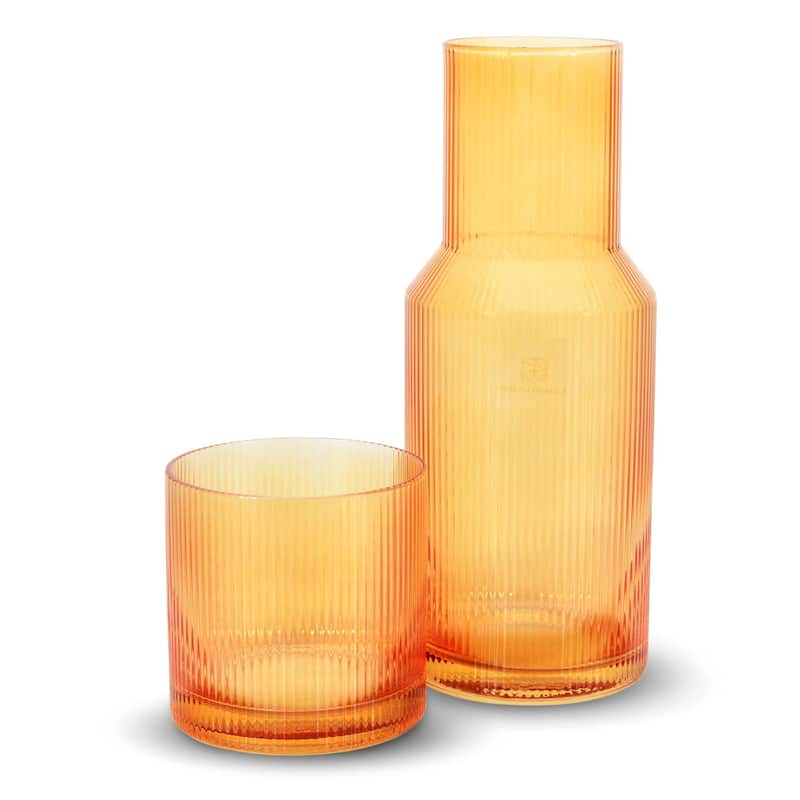 Bruno Magli Ribbed Carafe with Tumbler Lid - 28 oz - Amber