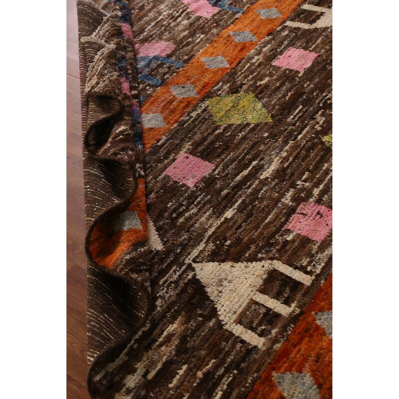 Brown Geometric Moroccan Area Rug Hand-Knotted Wool Carpet - 6'10" x 9'10"