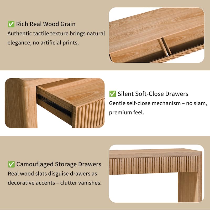 60" Modern 2-Drawer Fluted Console Table Natural Wood Veneer Sofa Table Behind Couch Table for Living Room