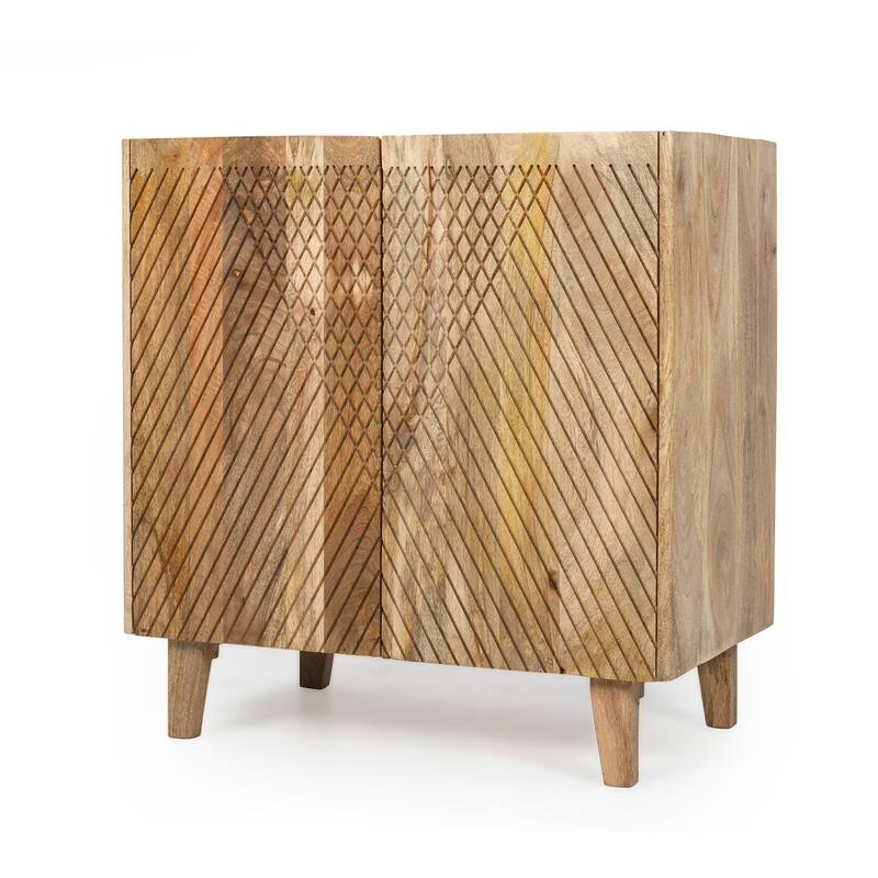 Sideboard Cabinet with 2 Fluted Doors, Mango Wood Storage Cabinet, Buffet Cabinet with Adjustable Shelf & Tapered Legs