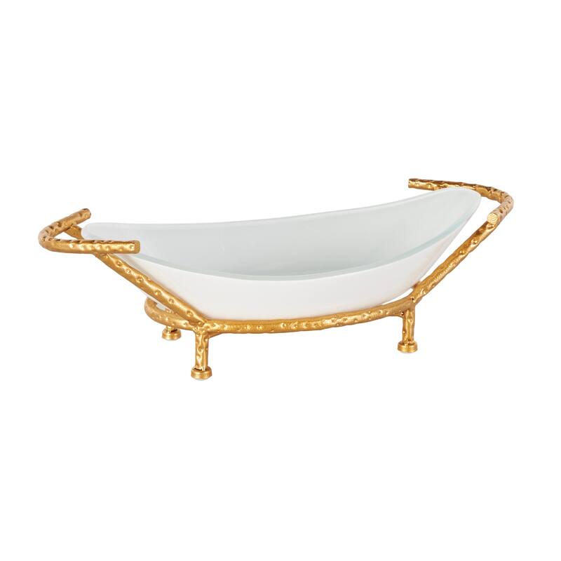 Tempered Glass Kitchen Serving Bowl with Gold Metal Stand - White - Roche River Decor - 10"W x 21"L x 6"H