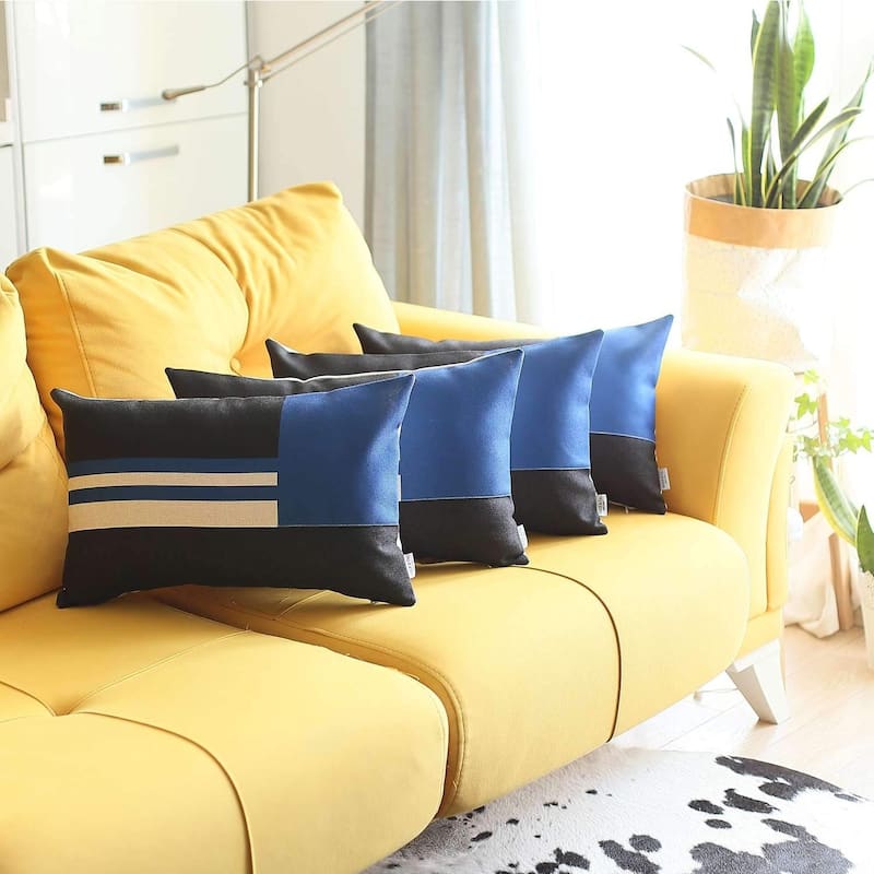 HomeRoots Set Of Four 20" X 12" Blue Striped Zippered Handmade Polyester Lumbar Pillow