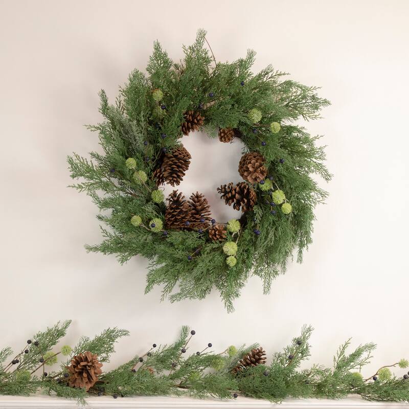 5' x 10" Pine and Blueberry Christmas Garland with Pinecones, Unlit