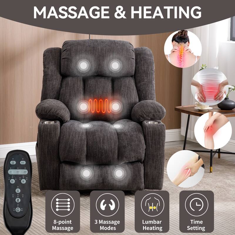 Roomfitters Heavy Duty Power Lift Recliner, Chenille Massage Chair with USB-C Charging and Stainless Cup Holders