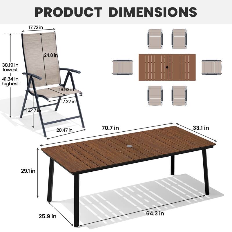 7-Piece Outdoor Dining Set Rectangle Patio Dining Table and Folding Adjustable Dining Chairs