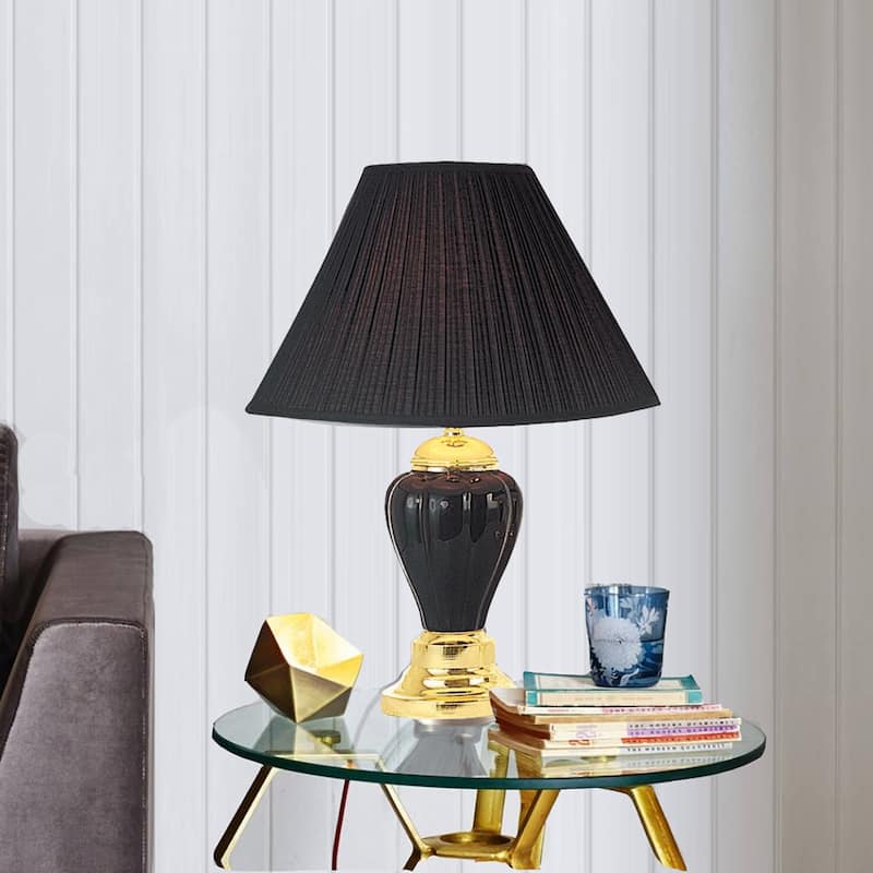 27" Tall Ceramic Table Lamp, Urn-Shaped with Black finish, Linen Shade