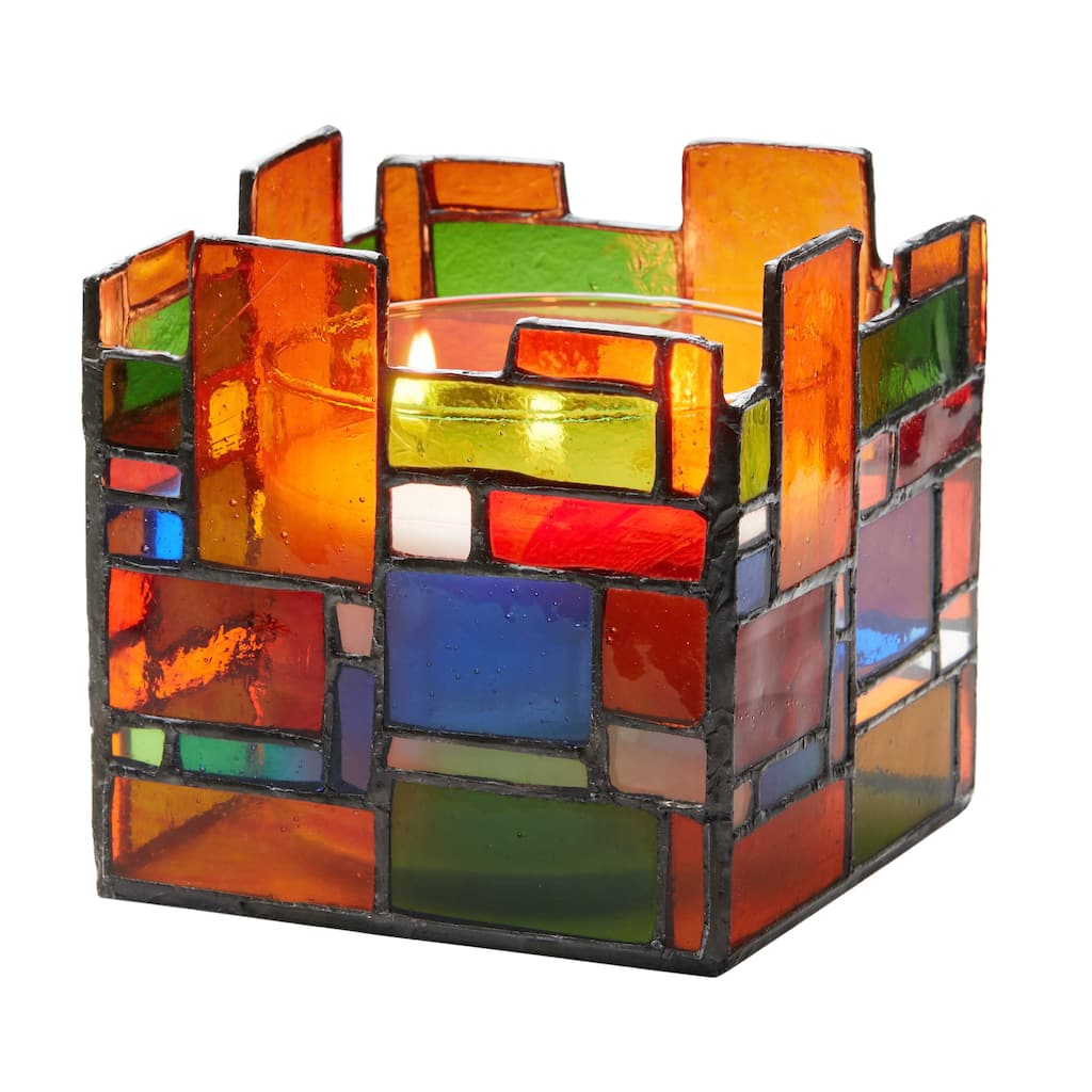 River of Goods 4.75-Inch Geometric Rectangles Stained Glass Candle Holder - 4.75" x 4.75" x 4.75"