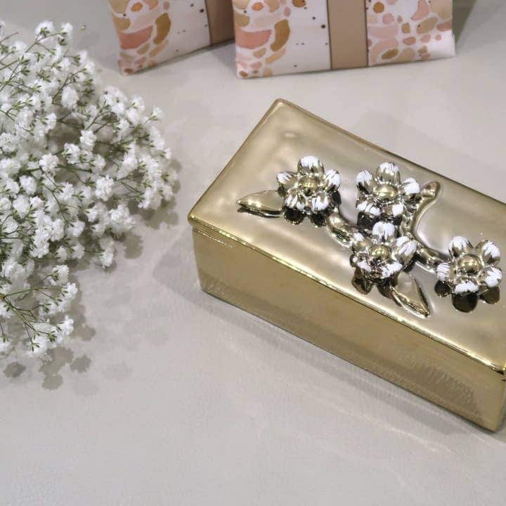 Oblong Gold Decorative Box With Flower Design Lid - 4 Flowers