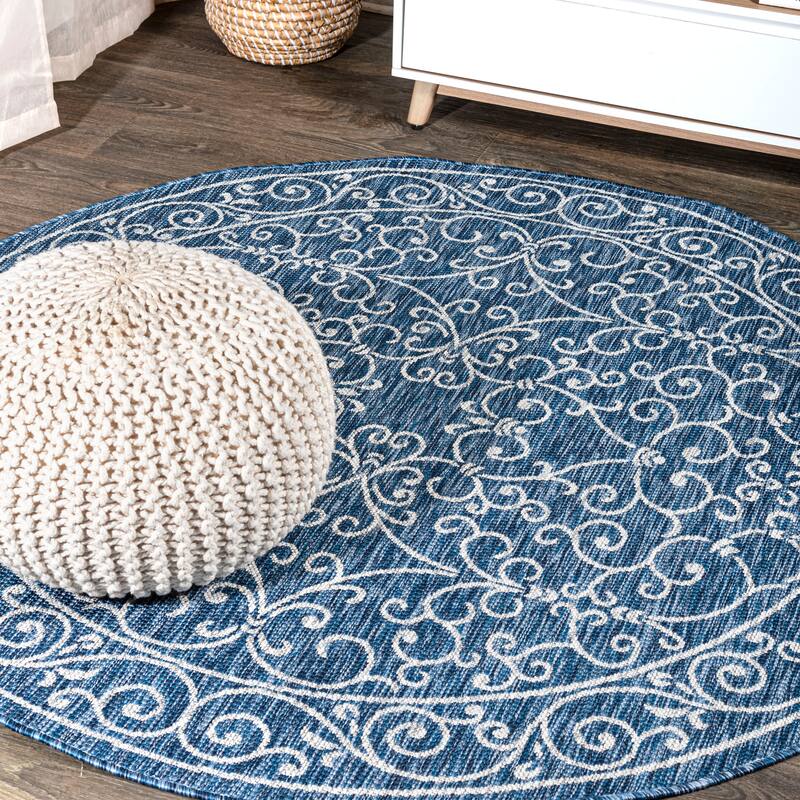 JONATHAN Y Filigree Textured Weave Indoor/Outdoor Area Rug - 9' Round - Navy/Gray