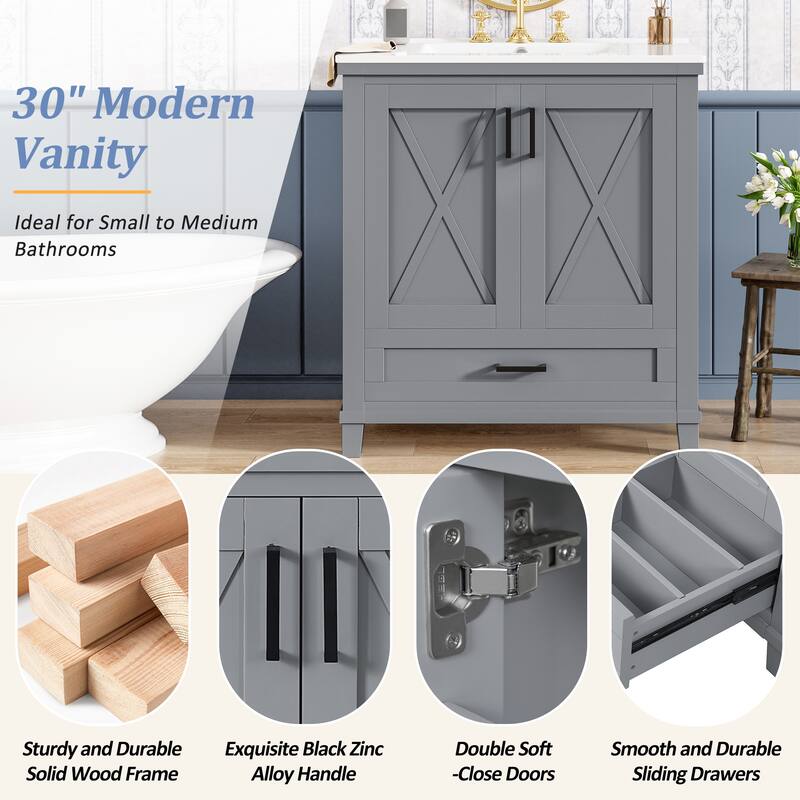 30-inch Bathroom Vanity with Single Sink, Solid Wood Frame + MDF, 2 Soft-Close Doors, 1 Divided Drawer, Dual Storage Shelves