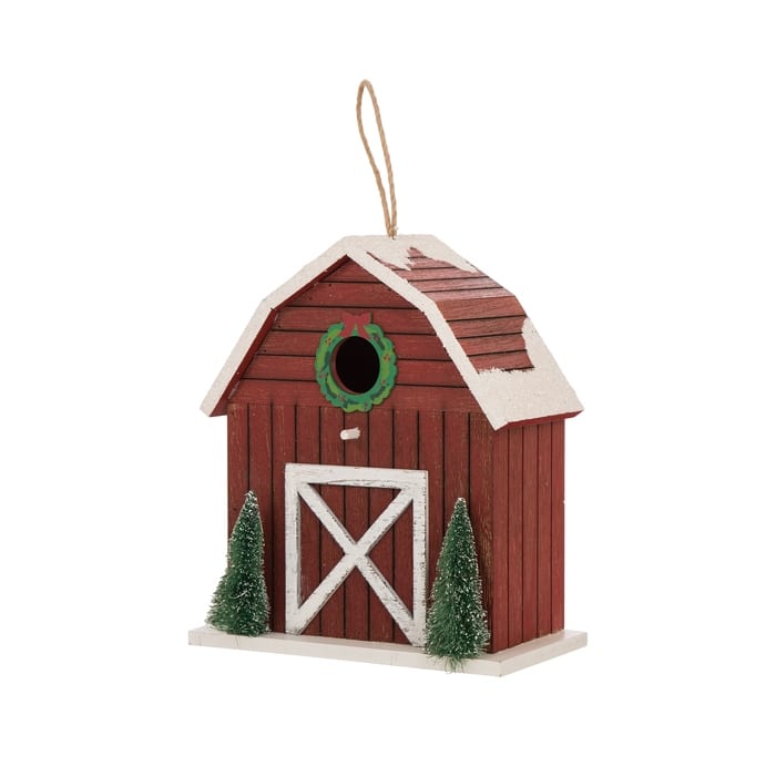 Glitzhome 10"H Merry Christmas Solid Wood Barn Birdhouse with Trees