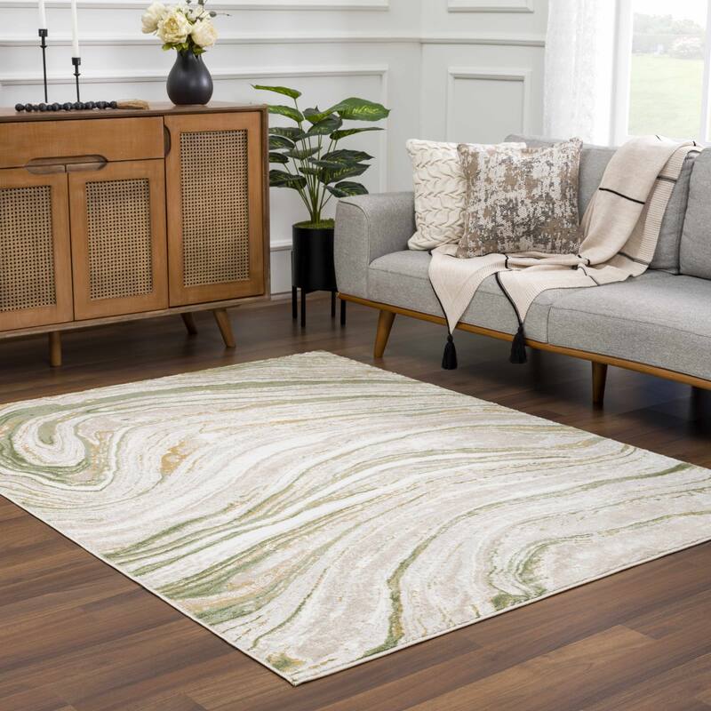 Hauteloom Liverpool Living Room, Bedroom Area Rug - Contemporary - Cream,Green - 7'10" x 10'