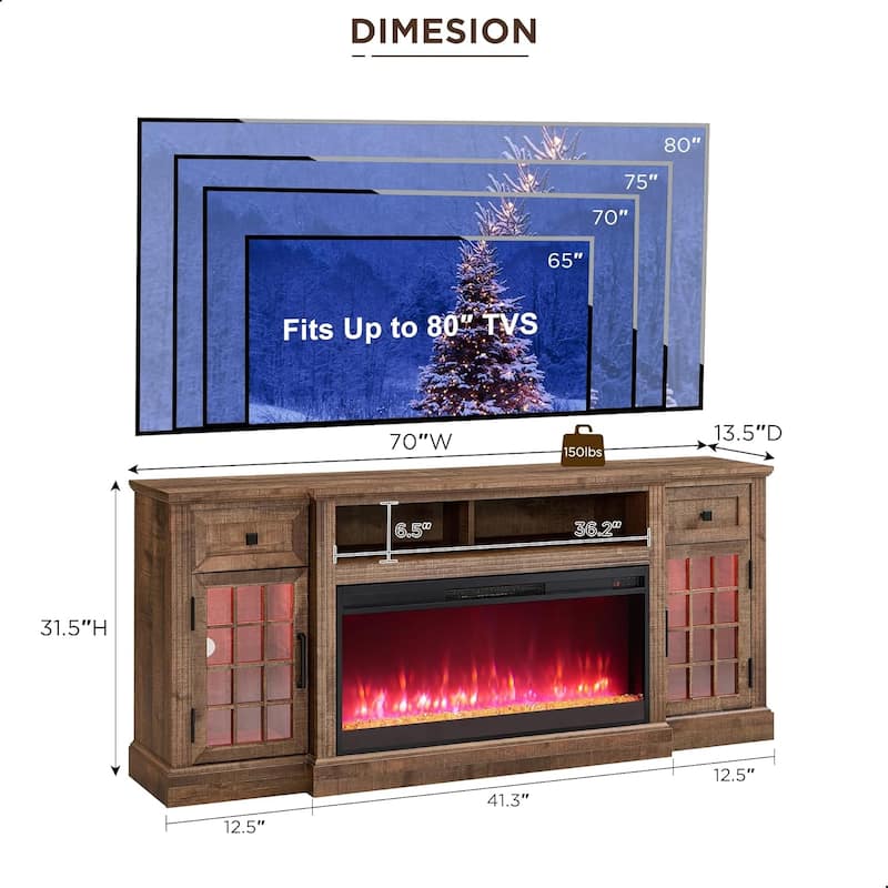 Farmhouse Fireplace TV Stand for 80 Inch TV, Entertainment Center