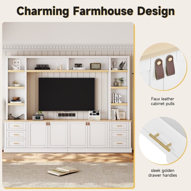 102.3" Farmhouse 4-Piece Entertainment Center Wall Unit with Adjustable Shelves,6 Drawers
