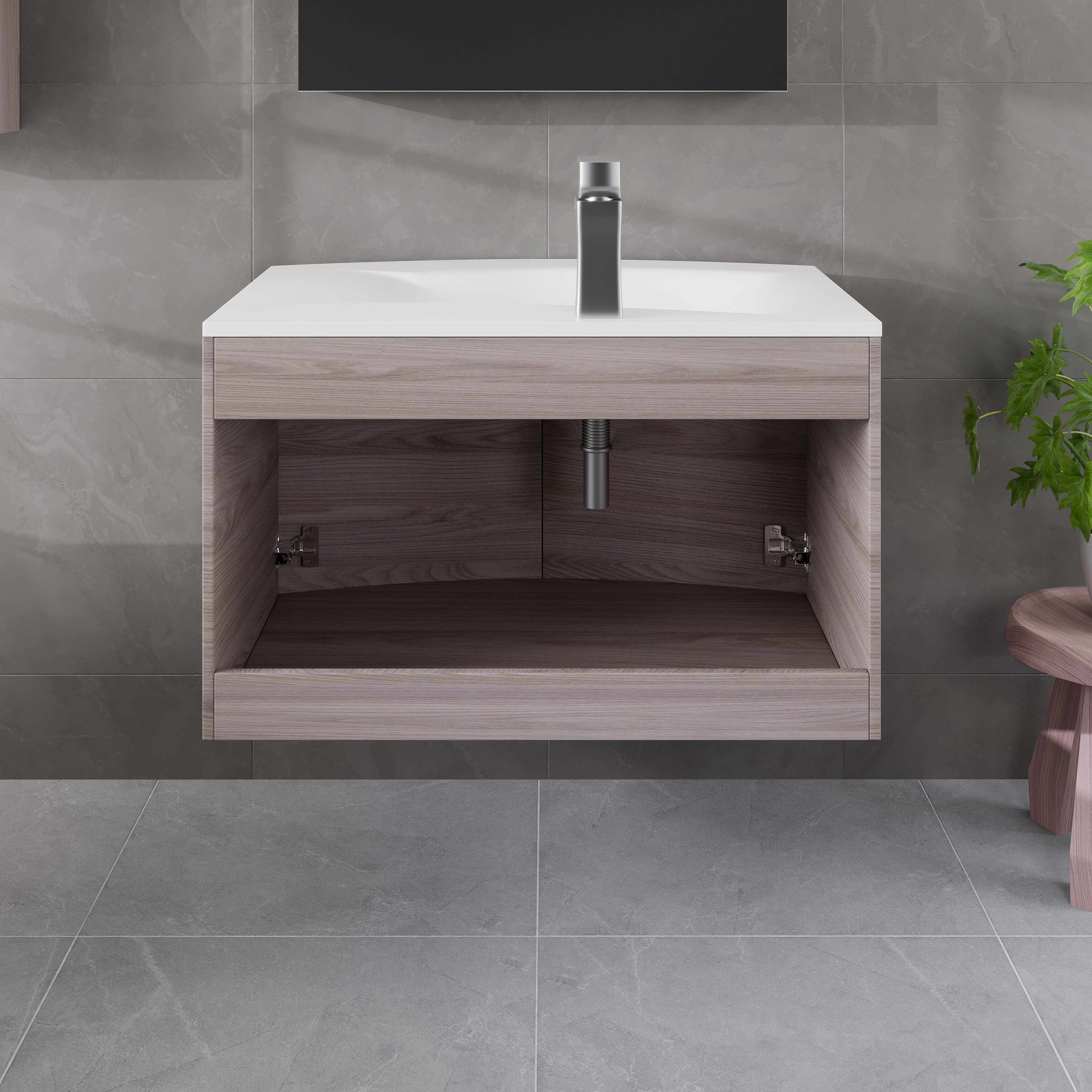 Eviva Romina 28 in. W x 22 in. D x 22 in. H Single Sink Wallmount Bath Vanity in Gray Oak with White Acrylic Top