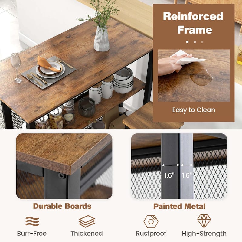 3-Tier Home Bar Unit Bar Table w/ Storage Shelves Adjustable Foot Pads
