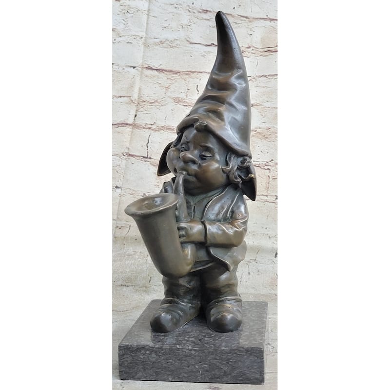 French Bronze Solid Br Figurine Gnome Trumpet Musician Music Collectible