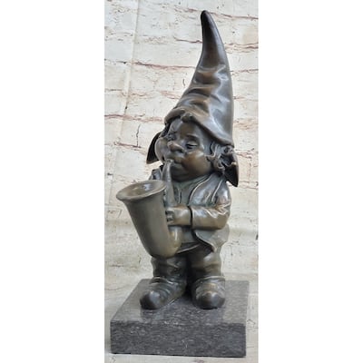 French Bronze Solid Br Figurine Gnome Trumpet Musician Music Collectible