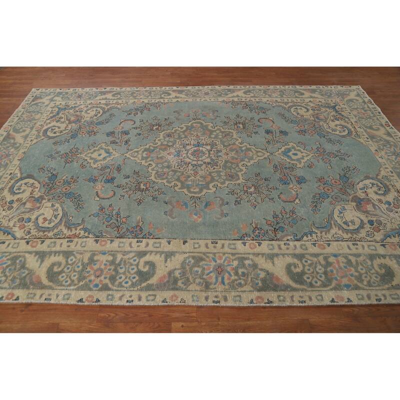 Light Blue Traditional Tabriz Persian Area Rug Handmade Wool Carpet - 6'5"x 9'5"
