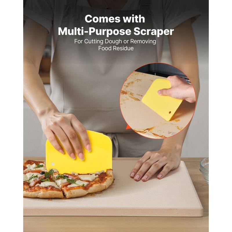 Beige Cordierite Rectangular Pizza Stone 15x12in Heat-Resistant with PP Scraper - 15 x 12 x 0.6 in
