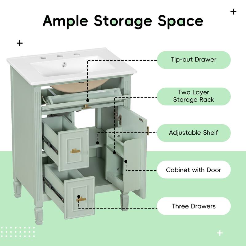 24 Inch Bathroom Vanity with Ceramic Sink Combo, Undermount Vanity Sink Cabinet Bathroom Storage Cabinet for Small Space