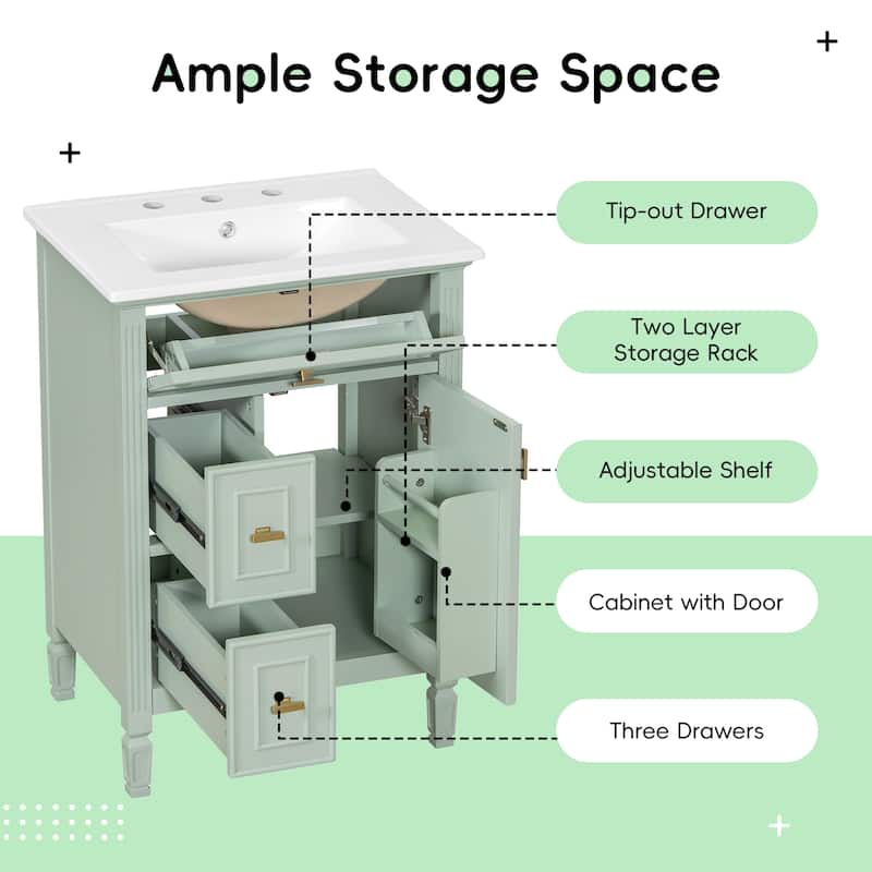 24 Inch Bathroom Vanity with Sink, Flip Drawer and Two Soft-Close Drawers