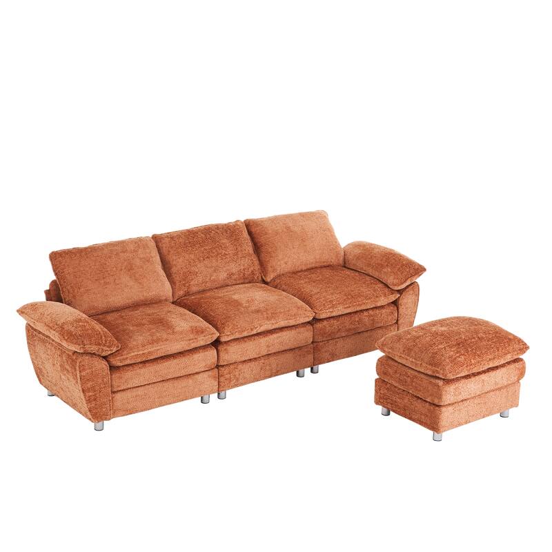 Modern Upholstered Deep 3-Seat Sofa Couch with Ottoman